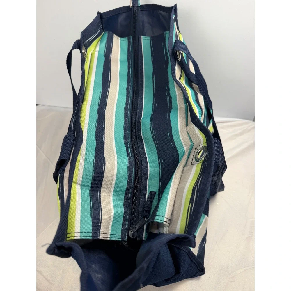 Thirty-One Zip-Top Utility Tote Navy Teal Striped Large Travel Beach Bag